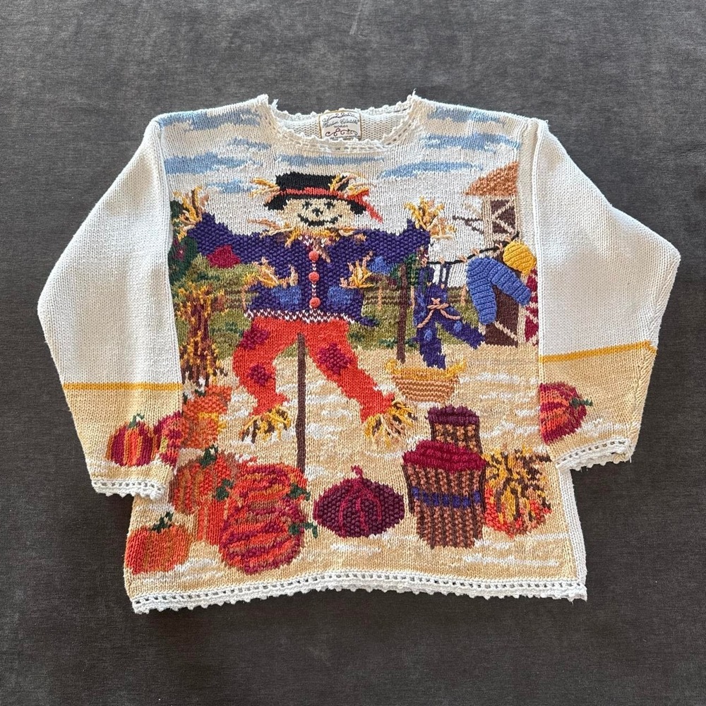 Vintage Heirloom Collectibles Halloween Scarecrow Knit Sweater Women Large 14/16